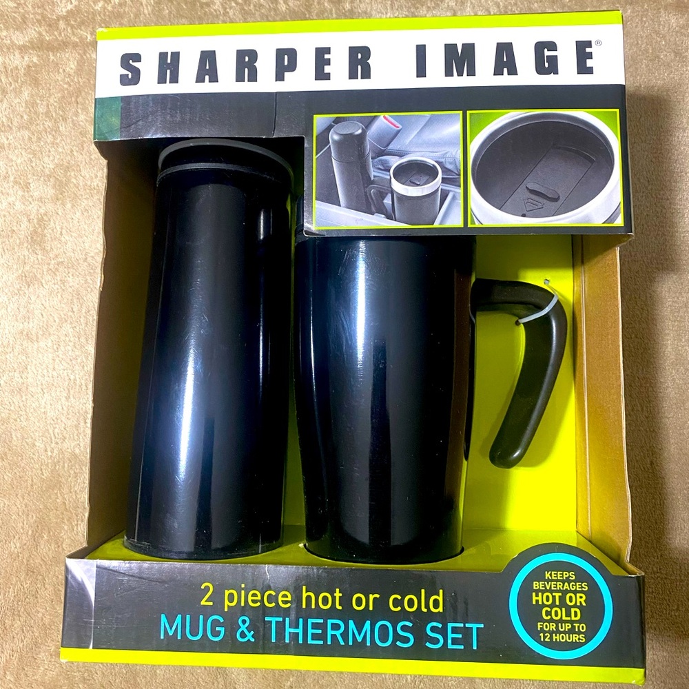 NEW BLACK SHARPER IMAGE 2 PIECE THERMAL MUG & FLASK SET
